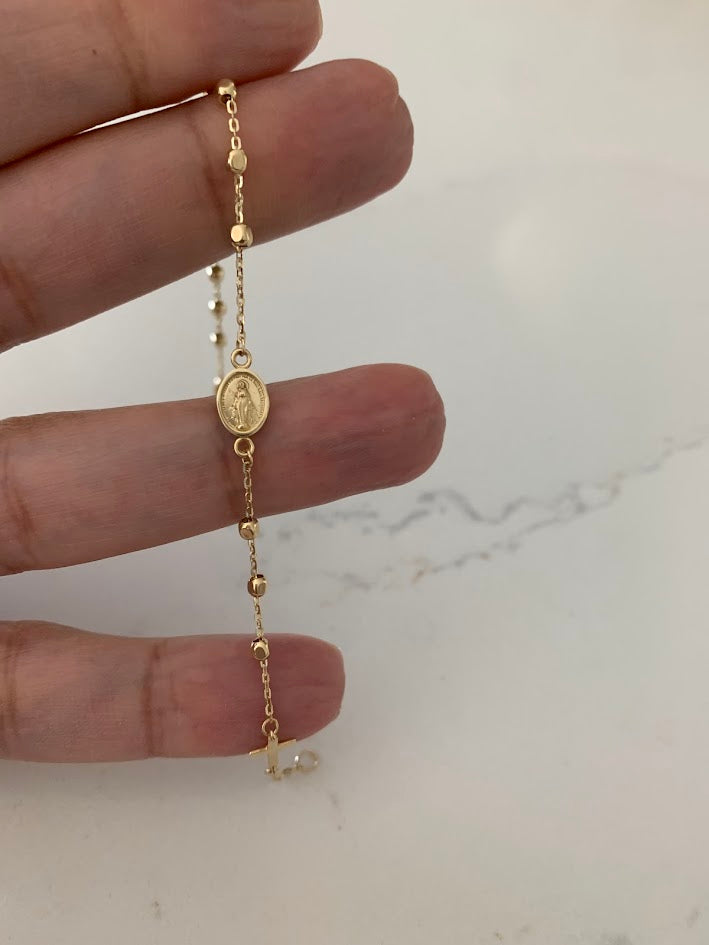 14K Yellow Gold Rosary Bracelet, Solid Gold Rosary Bracelet, Miraculous Virgin Mary Medal and Cross Bracelet, Religious Jewelry For Women