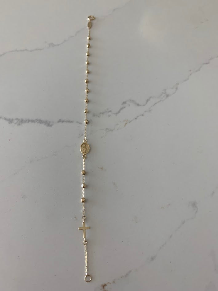14K Yellow Gold Rosary Bracelet, Solid Gold Rosary Bracelet, Miraculous Virgin Mary Medal and Cross Bracelet, Religious Jewelry For Women