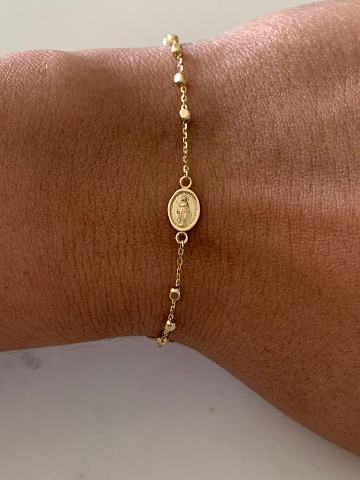 14K Yellow Gold Rosary Bracelet, Solid Gold Rosary Bracelet, Miraculous Virgin Mary Medal and Cross Bracelet, Religious Jewelry For Women