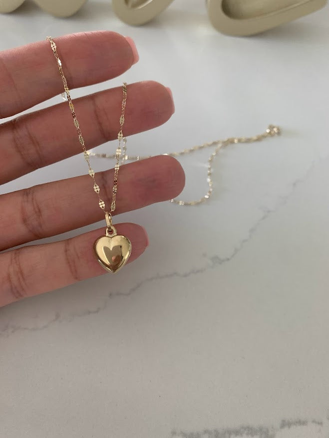 14k Solid Gold Heart Necklace for Women Puffed Heart Pendant Necklac
