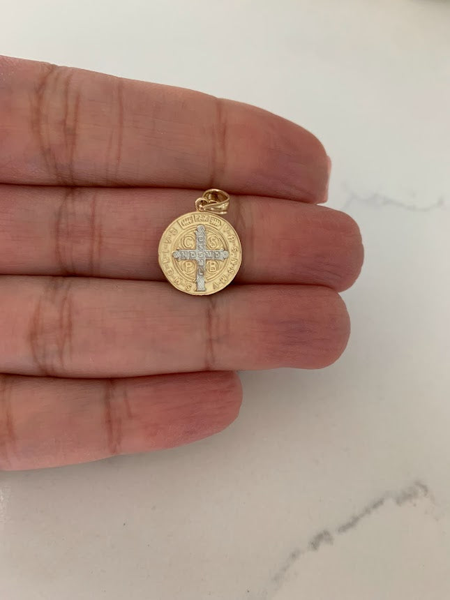 15MM 14K Solid Gold Saint Benedict | Yellow and White Religious | Saint Benedict Pendant | Two TONE 14K Solid Gold Pendant