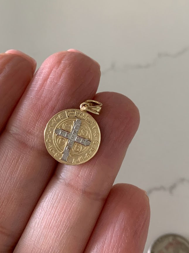 15MM 14K Solid Gold Saint Benedict | Yellow and White Religious | Saint Benedict Pendant | Two TONE 14K Solid Gold Pendant