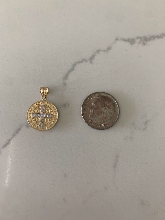 15MM 14K Solid Gold Saint Benedict | Yellow and White Religious | Saint Benedict Pendant | Two TONE 14K Solid Gold Pendant