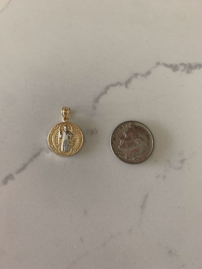 15MM 14K Solid Gold Saint Benedict | Yellow and White Religious | Saint Benedict Pendant | Two TONE 14K Solid Gold Pendant