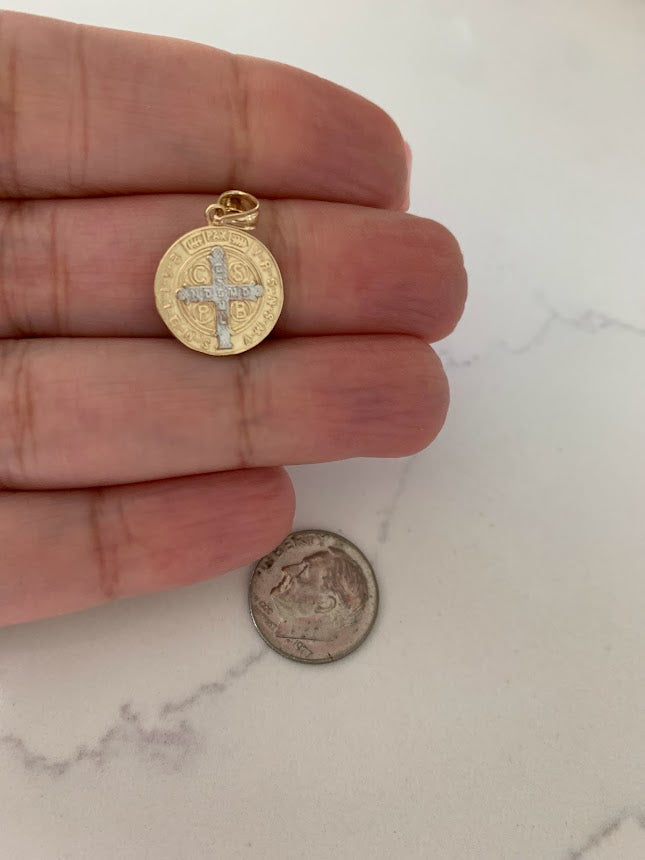 15MM 14K Solid Gold Saint Benedict | Yellow and White Religious | Saint Benedict Pendant | Two TONE 14K Solid Gold Pendant