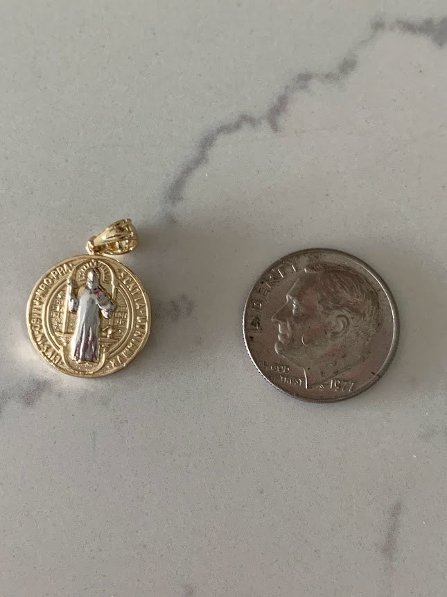 15MM 14K Solid Gold Saint Benedict | Yellow and White Religious | Saint Benedict Pendant | Two TONE 14K Solid Gold Pendant