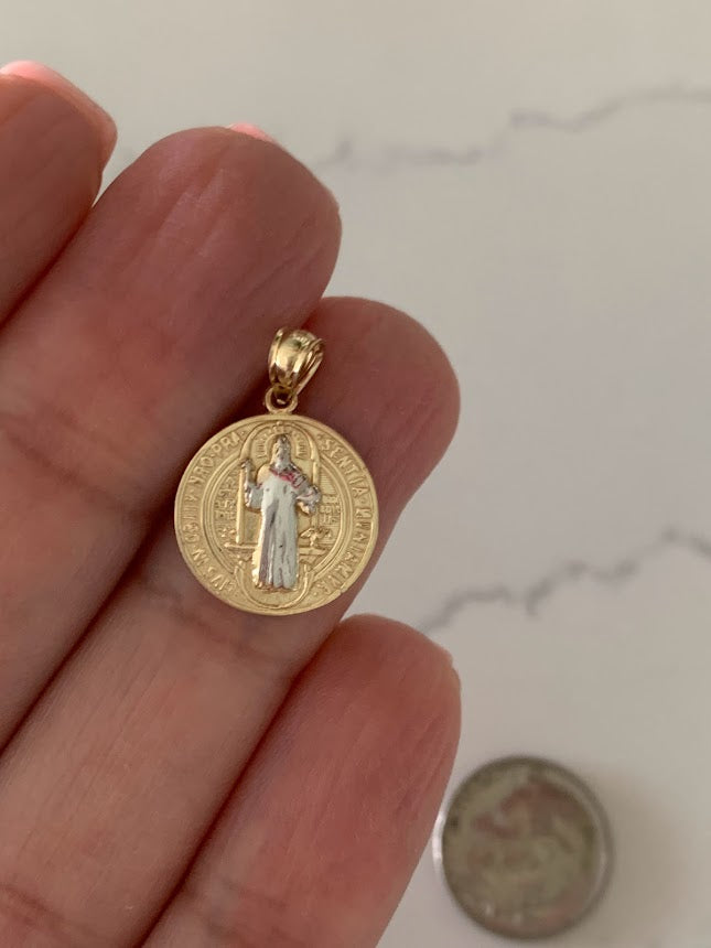 11MM or 15MM 14K Solid Gold Saint Benedict | Yellow and White Religious | Saint Benedict Pendant | Two TONE 14K Solid Gold Pendant