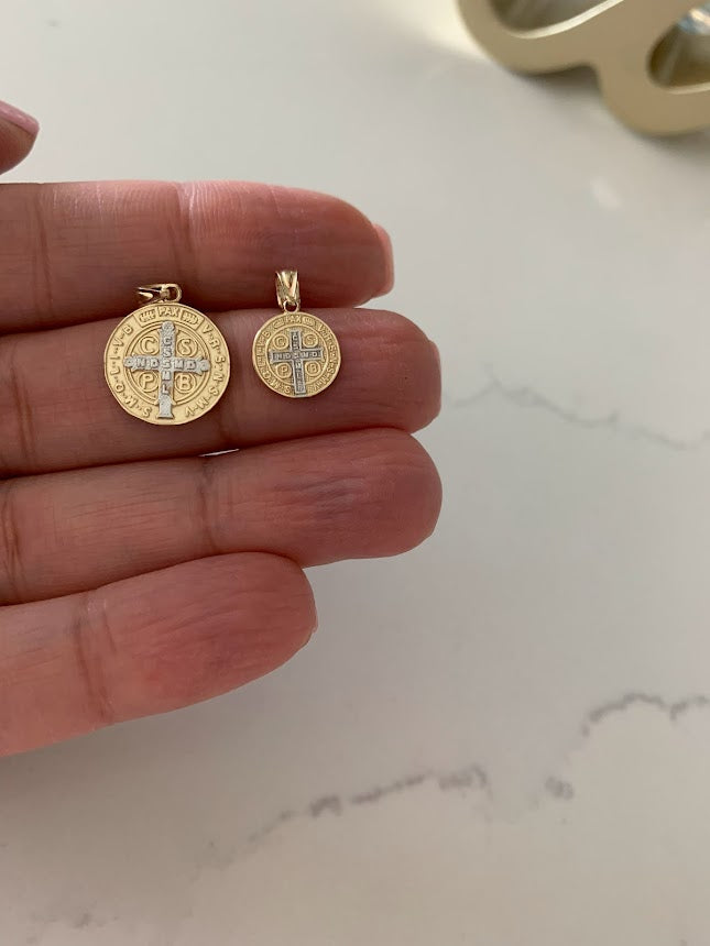 11MM or 15MM 14K Solid Gold Saint Benedict | Yellow and White Religious | Saint Benedict Pendant | Two TONE 14K Solid Gold Pendant