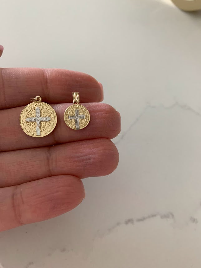 11MM or 15MM 14K Solid Gold Saint Benedict | Yellow and White Religious | Saint Benedict Pendant | Two TONE 14K Solid Gold Pendant