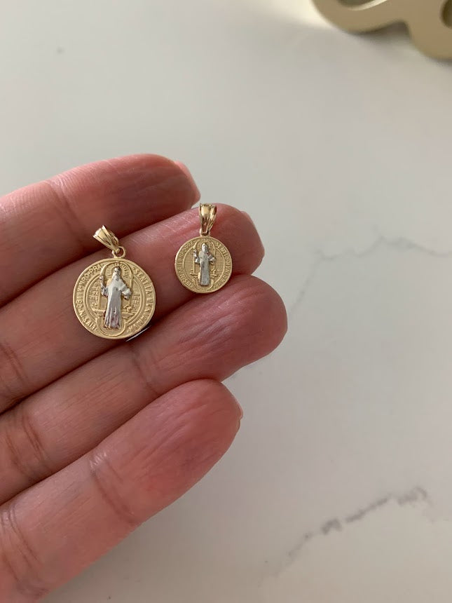 11MM or 15MM 14K Solid Gold Saint Benedict | Yellow and White Religious | Saint Benedict Pendant | Two TONE 14K Solid Gold Pendant