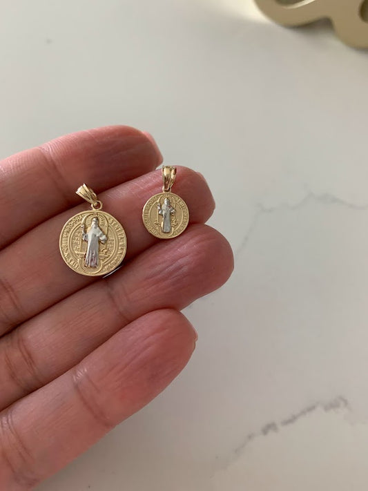11MM or 15MM 14K Solid Gold Saint Benedict | Yellow and White Religious | Saint Benedict Pendant | Two TONE 14K Solid Gold Pendant