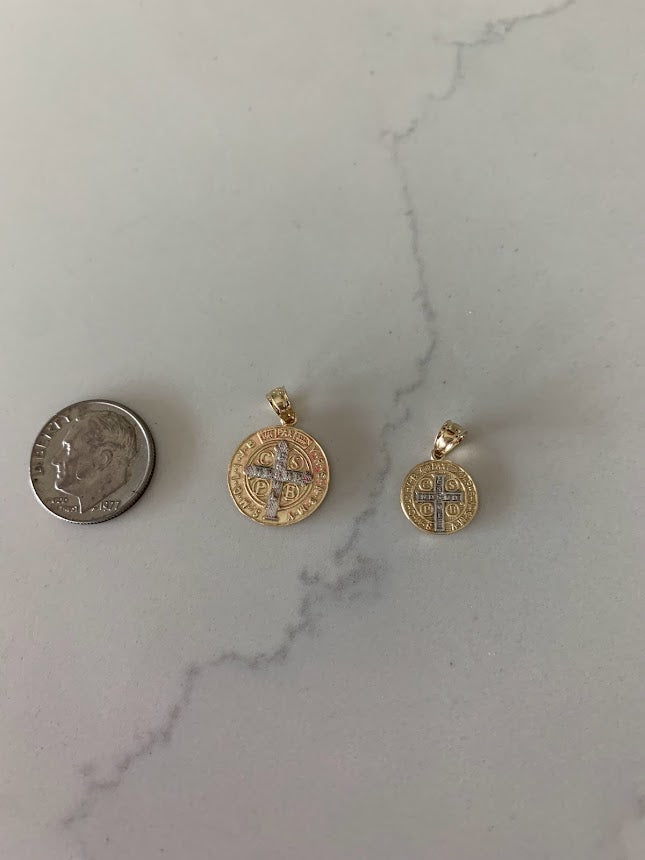 11MM or 15MM 14K Solid Gold Saint Benedict | Yellow and White Religious | Saint Benedict Pendant | Two TONE 14K Solid Gold Pendant