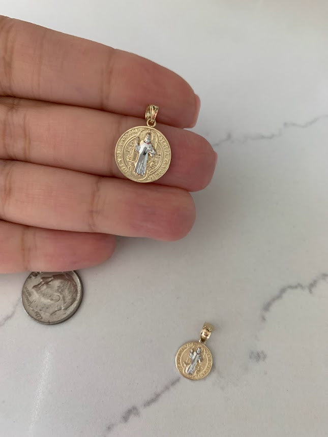 15MM 14K Solid Gold Saint Benedict | Yellow and White Religious | Saint Benedict Pendant | Two TONE 14K Solid Gold Pendant