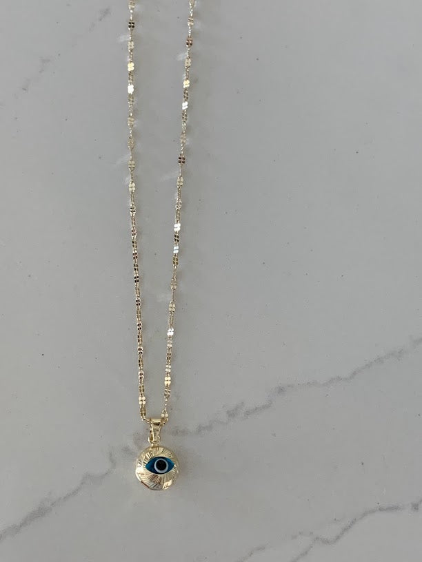 14K Evil Eye on Yellow Gold Mirror Chain, Gold Chain, 1.7mm Twisted Diamond Cut Mirror Chain, Shiny Dual Mirror