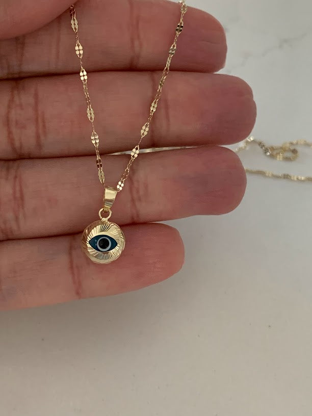 14K Evil Eye on Yellow Gold Mirror Chain, Gold Chain, 1.7mm Twisted Diamond Cut Mirror Chain, Shiny Dual Mirror