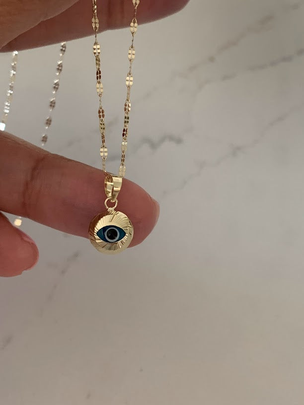 14K Evil Eye on Yellow Gold Mirror Chain, Gold Chain, 1.7mm Twisted Diamond Cut Mirror Chain, Shiny Dual Mirror