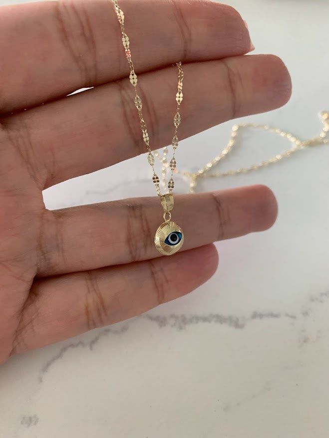 14K Evil Eye on Yellow Gold Mirror Chain, Gold Chain, 1.7mm Twisted Diamond Cut Mirror Chain, Shiny Dual Mirror