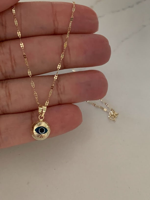 14K Evil Eye on Yellow Gold Mirror Chain, Gold Chain, 1.7mm Twisted Diamond Cut Mirror Chain, Shiny Dual Mirror