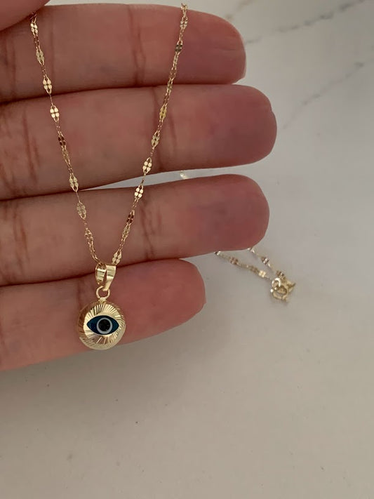 14K Evil Eye on Yellow Gold Mirror Chain, Gold Chain, 1.7mm Twisted Diamond Cut Mirror Chain, Shiny Dual Mirror