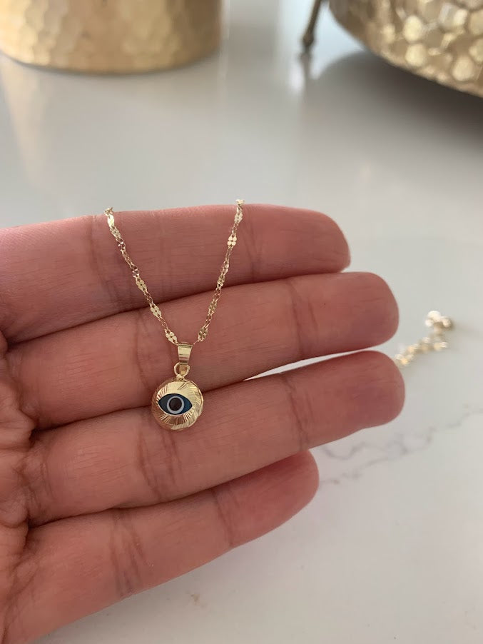 14K Evil Eye on Yellow Gold Mirror Chain, Gold Chain, 1.7mm Twisted Diamond Cut Mirror Chain, Shiny Dual Mirror