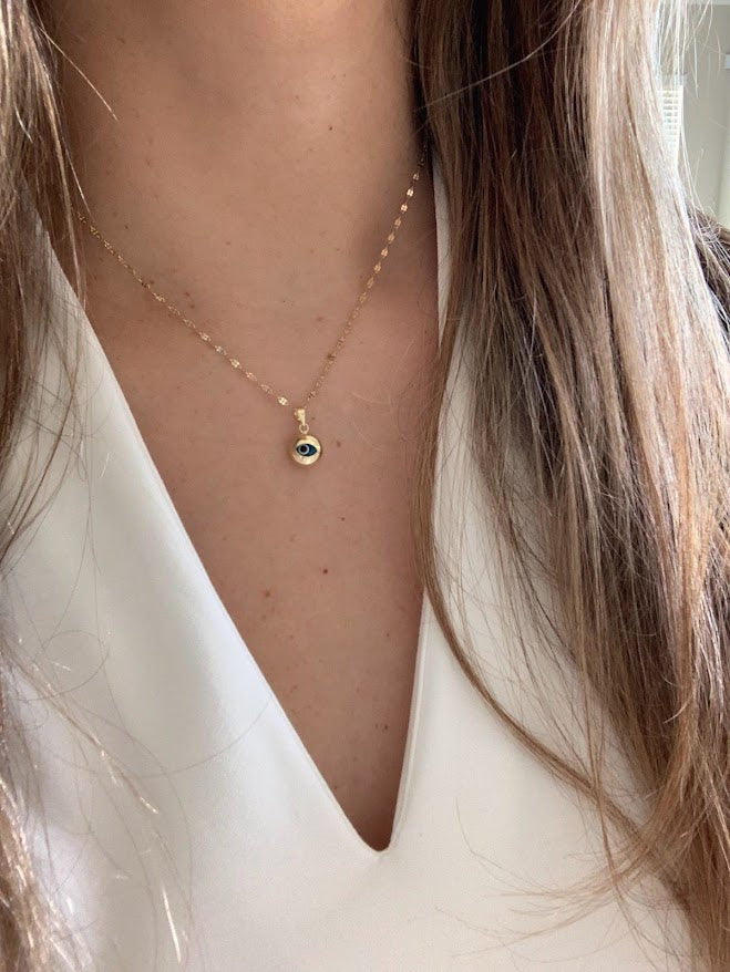 14K Evil Eye on Yellow Gold Mirror Chain, Gold Chain, 1.7mm Twisted Diamond Cut Mirror Chain, Shiny Dual Mirror