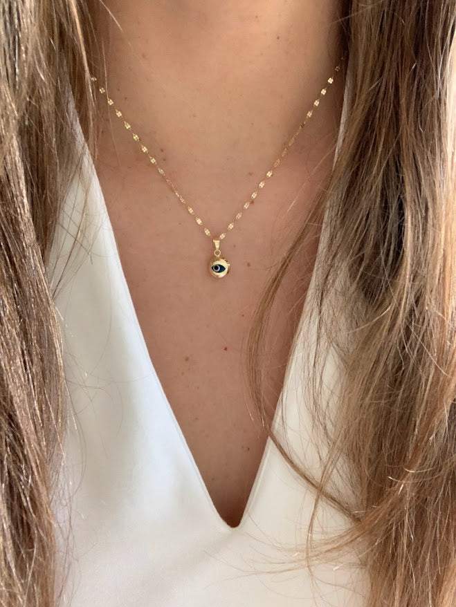 14K Evil Eye on Yellow Gold Mirror Chain, Gold Chain, 1.7mm Twisted Diamond Cut Mirror Chain, Shiny Dual Mirror