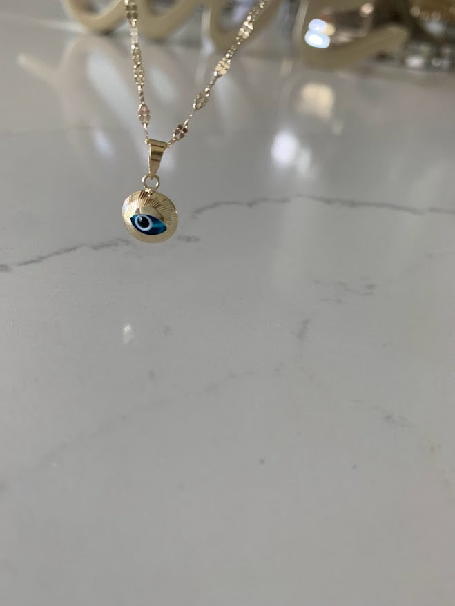 14K Evil Eye on Yellow Gold Mirror Chain, Gold Chain, 1.7mm Twisted Diamond Cut Mirror Chain, Shiny Dual Mirror