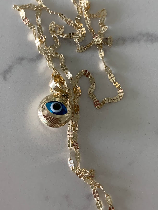 14K Evil Eye on Yellow Gold Mirror Chain, Gold Chain, 1.7mm Twisted Diamond Cut Mirror Chain, Shiny Dual Mirror