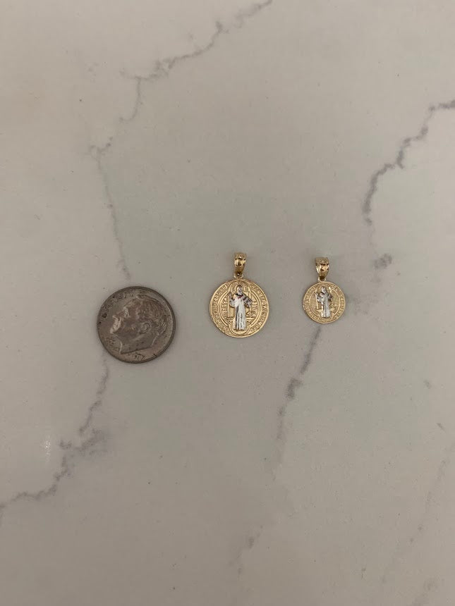 11MM or 15MM 14K Solid Gold Saint Benedict | Yellow and White Religious | Saint Benedict Pendant | Two TONE 14K Solid Gold Pendant