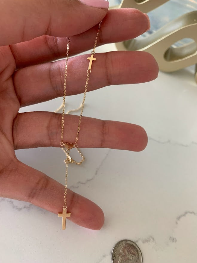 14K Solid Gold Cross and Heart Necklace | Yellow Gold Cross | Crosses and Heart Lariat Necklace | 14K Solid Gold Cross Necklace