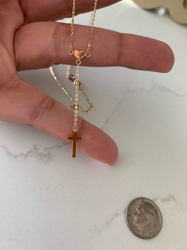 14K Solid Gold Cross and Heart Necklace | Yellow Gold Cross | Crosses and Heart Lariat Necklace | 14K Solid Gold Cross Necklace