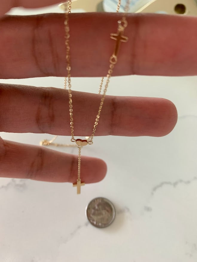 14K Solid Gold Cross and Heart Necklace | Yellow Gold Cross | Crosses and Heart Lariat Necklace | 14K Solid Gold Cross Necklace