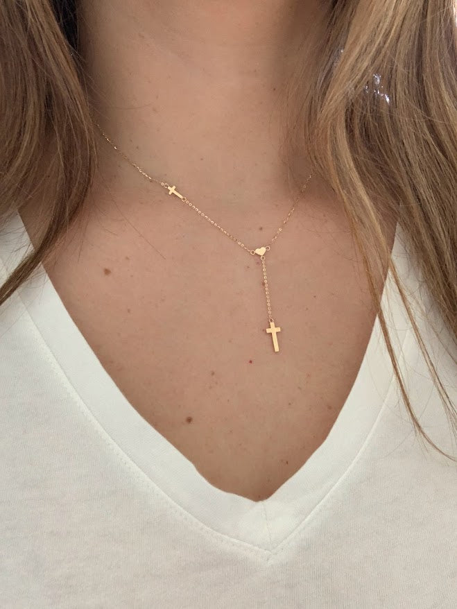 14K Solid Gold Cross and Heart Necklace | Yellow Gold Cross | Crosses and Heart Lariat Necklace | 14K Solid Gold Cross Necklace