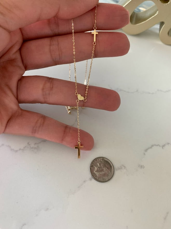 14K Solid Gold Cross and Heart Necklace | Yellow Gold Cross | Crosses and Heart Lariat Necklace | 14K Solid Gold Cross Necklace