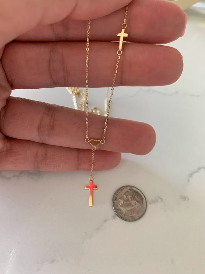14K Solid Gold Cross and Heart Necklace | Yellow Gold Cross | Crosses and Heart Lariat Necklace | 14K Solid Gold Cross Necklace