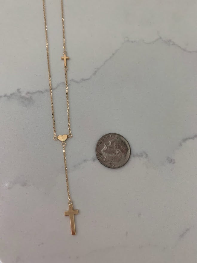 14K Solid Gold Cross and Heart Necklace | Yellow Gold Cross | Crosses and Heart Lariat Necklace | 14K Solid Gold Cross Necklace