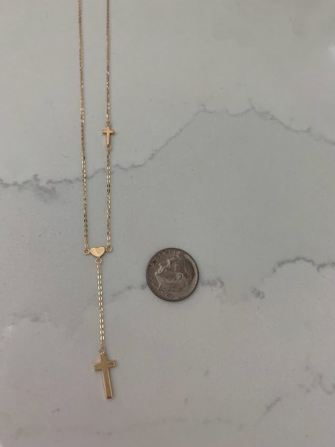 14K Solid Gold Cross and Heart Necklace | Yellow Gold Cross | Crosses and Heart Lariat Necklace | 14K Solid Gold Cross Necklace