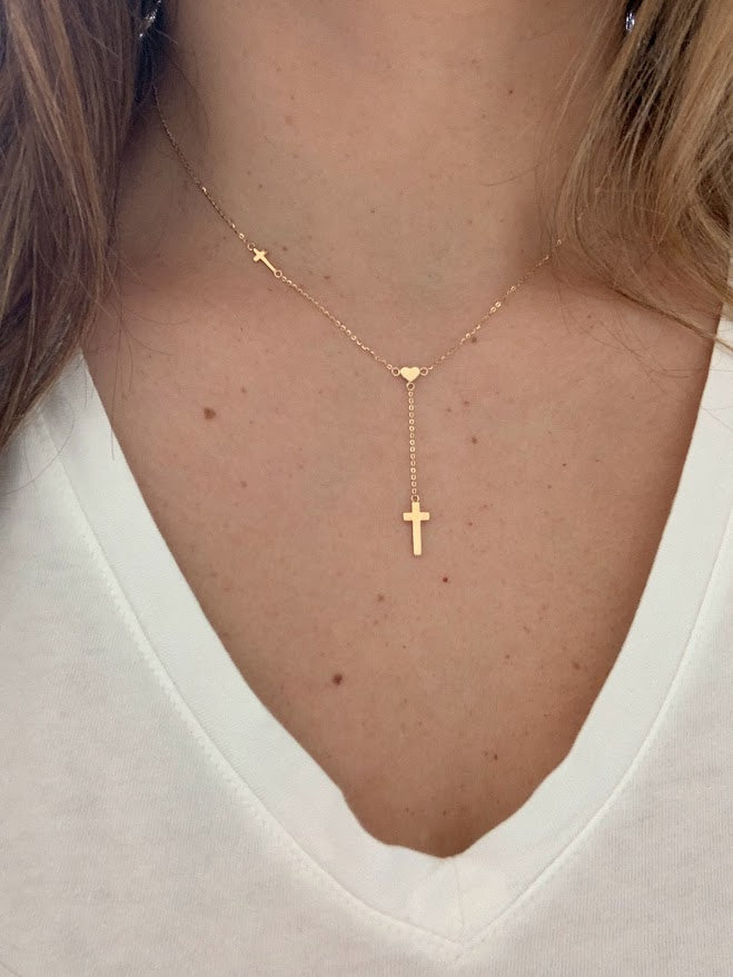 14K Solid Gold Cross and Heart Necklace | Yellow Gold Cross | Crosses and Heart Lariat Necklace | 14K Solid Gold Cross Necklace