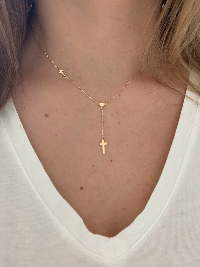 14K Solid Gold Cross and Heart Necklace | Yellow Gold Cross | Crosses and Heart Lariat Necklace | 14K Solid Gold Cross Necklace
