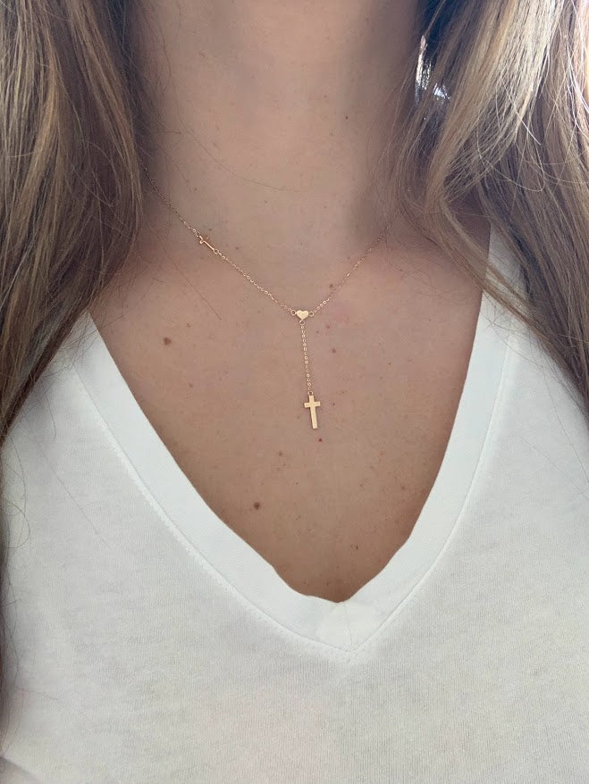 14K Solid Gold Cross and Heart Necklace | Yellow Gold Cross | Crosses and Heart Lariat Necklace | 14K Solid Gold Cross Necklace