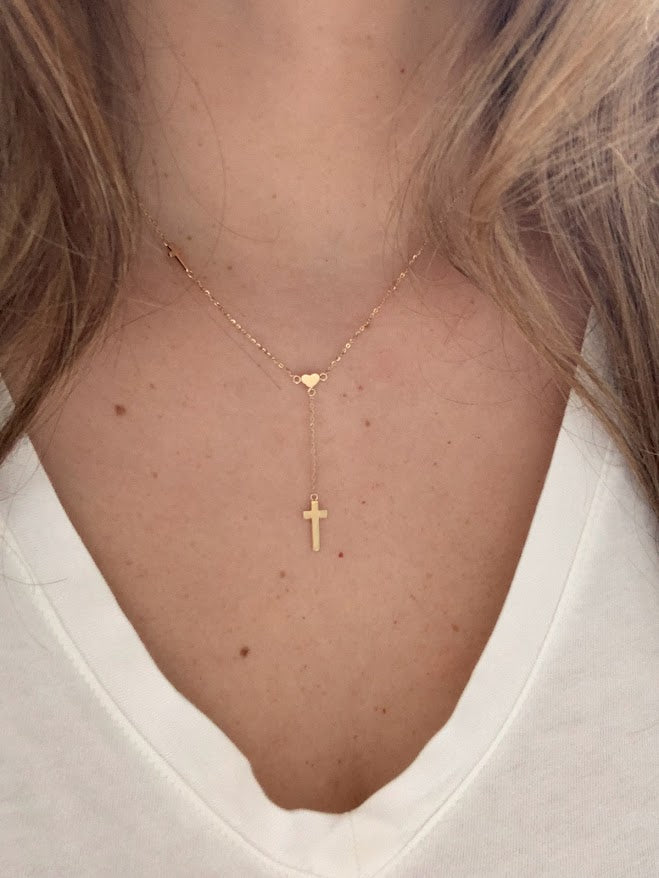 14K Solid Gold Cross and Heart Necklace | Yellow Gold Cross | Crosses and Heart Lariat Necklace | 14K Solid Gold Cross Necklace