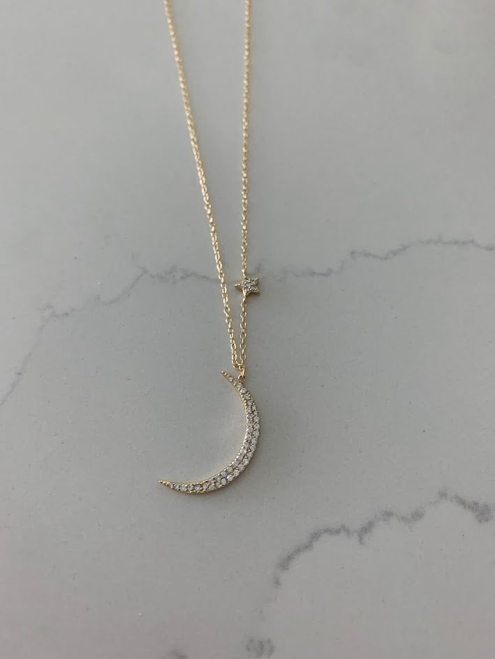 Gold Hanging Moon and Star Necklace, Dainty Star Necklace, Layering Necklace, Star Necklace, Crescent Moon, Moon and Star Necklace, 16+2"