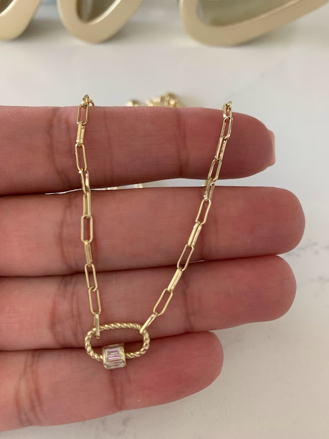 Cubic Zirconia Carabiner Lock Paperclip Link Necklace | Carabiner Paperclip Necklace | Gold over Silver 16"+2" | EXCELLENT QUALITY