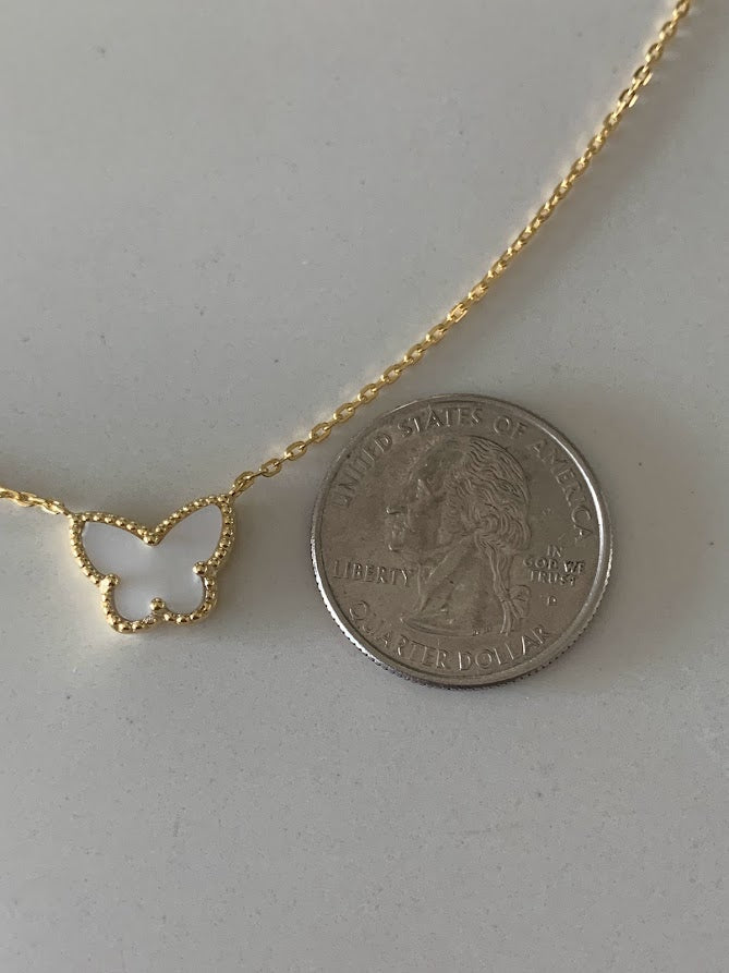 Mother Pearl Gold Butterfly Necklace 17.5"+2 in Gold Vermeil