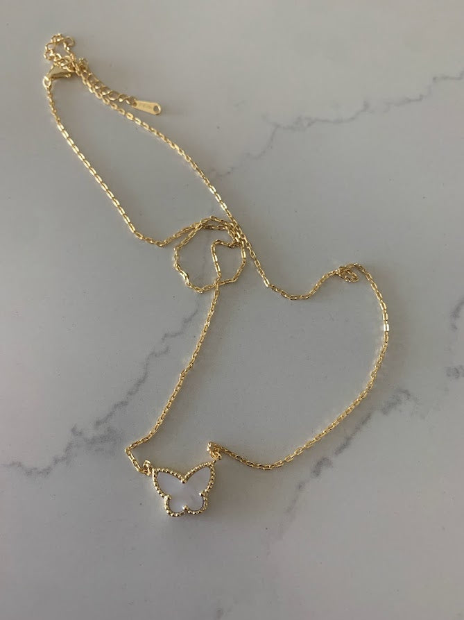 Mother Pearl Gold Butterfly Necklace 17.5"+2 in Gold Vermeil