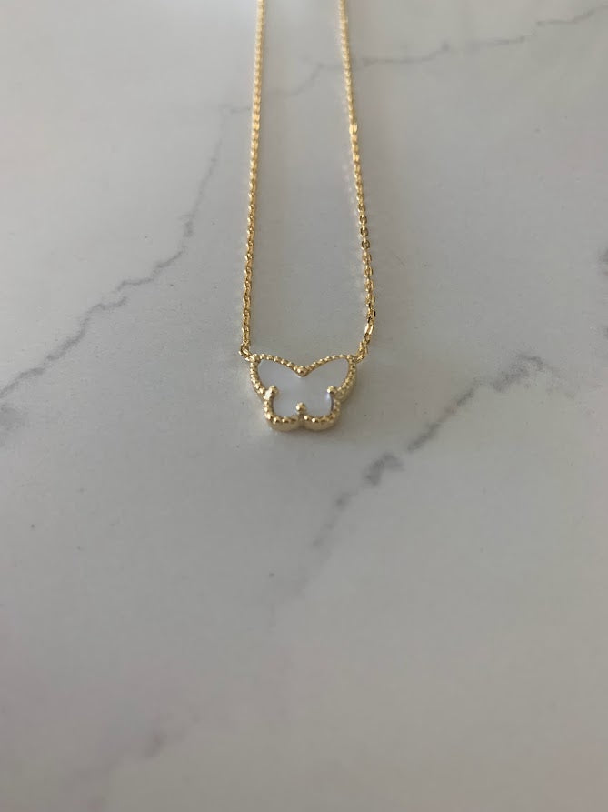 Mother Pearl Gold Butterfly Necklace 17.5"+2 in Gold Vermeil