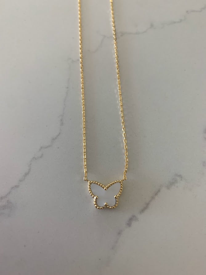 Mother Pearl Gold Butterfly Necklace 17.5"+2 in Gold Vermeil