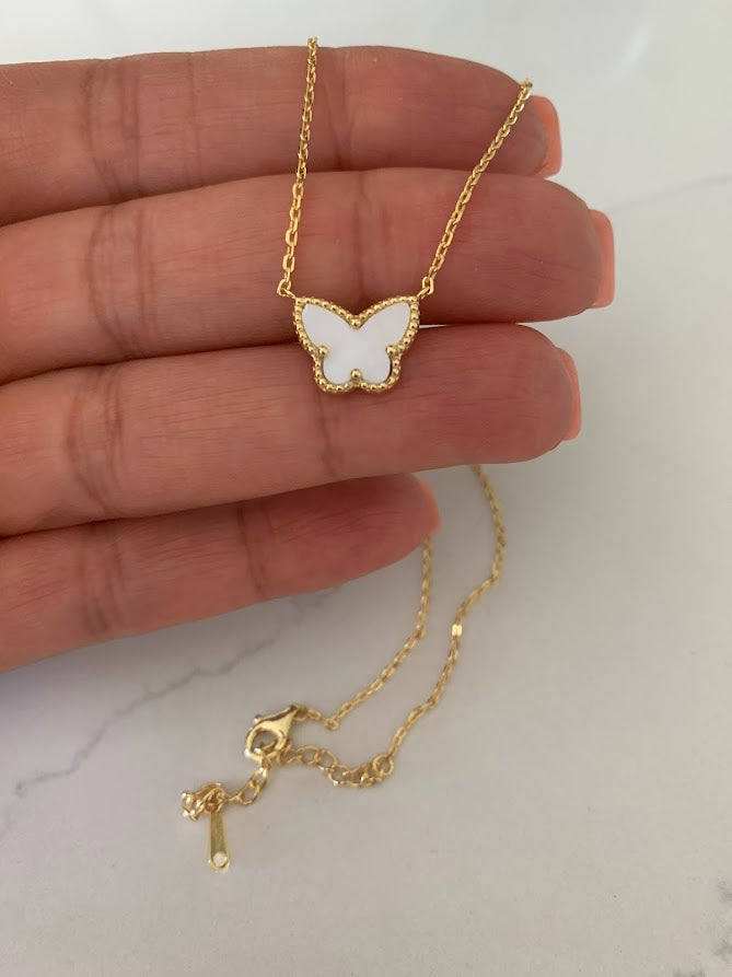 Mother Pearl Gold Butterfly Necklace 17.5"+2 in Gold Vermeil