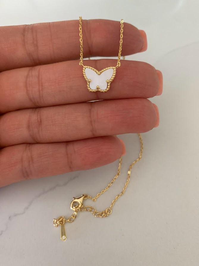 Mother Pearl Gold Butterfly Necklace 17.5"+2 in Gold Vermeil