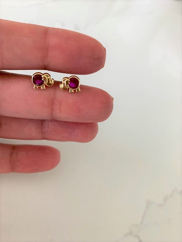 14K Bezel Fuchsia Elephant Earrings, Dainty Earrings, Women Earrings, Kid Earrings, Solid Gold Elephant, Fuchsia Elephants, Gold Earrings